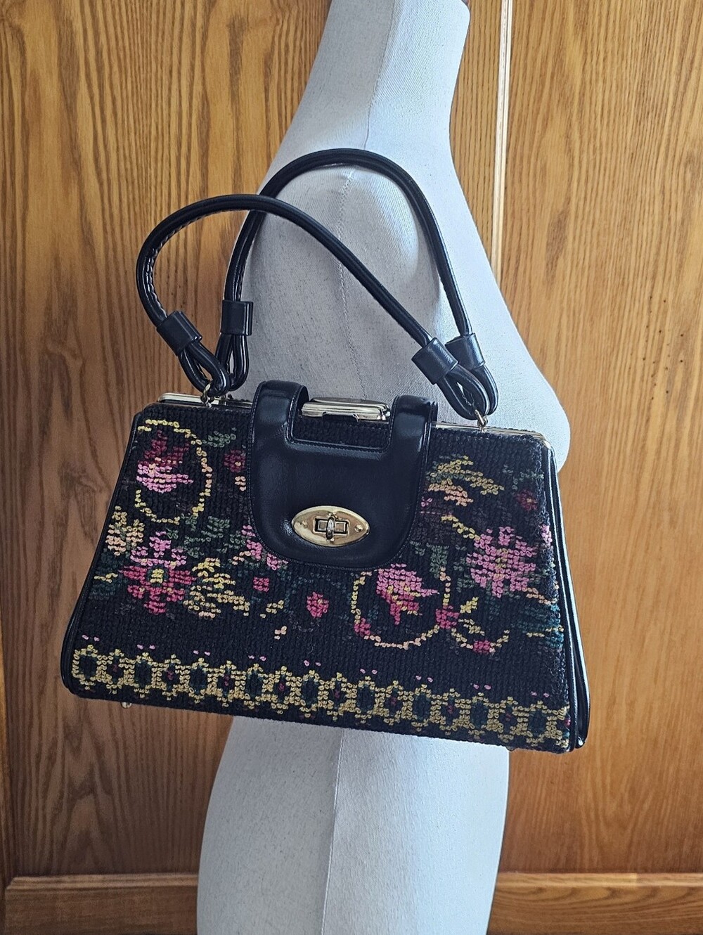 Vintage 1960s Floral Tapestry Needlepoint Frame Handbag Black Carpet Bag Purse
